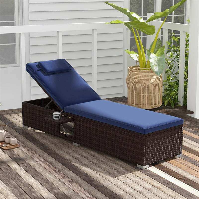 Patio Chaise Lounge Set of 2, Outdoor Rattan Lounge Chairs with 6-Level Adjustable Backrest, Cushions & Headrests, Metal Frame for Backyard