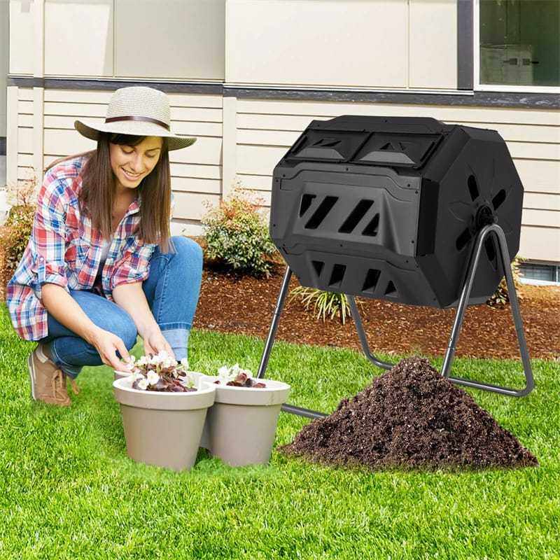 42-Gallon Dual Chamber Compost Tumbler, Rotating Outdoor Composter with Sliding Doors & Gloves, Metal Frame Compost Barrel for Garden Yard
