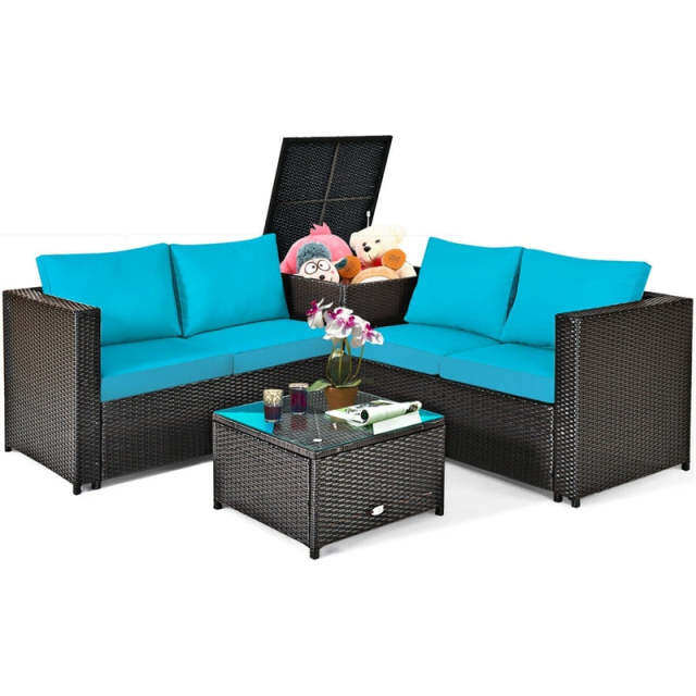 4 Piece Rattan Patio Conversation Furniture Set with Loveseat, Storage Box, Glass Top Coffee Table & Waterproof Cover for Garden, Poolside