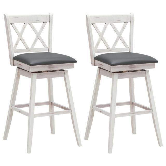 Swivel Bar Stools Set of 2, Rubber Wood 29.5" Counter Height Dining Chairs with Upholstered Cushions, Ergonomic Backrests & Footrests
