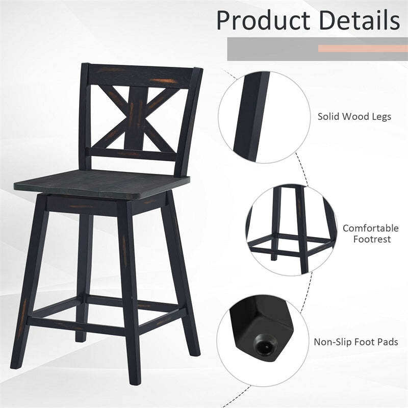 24" Rubber Wood Bar Stools Set of 2, 360° Swivel Counter Height Bar Chairs with Back & Non-Slip Foot Pads for Kitchen Island, Dining Room, Restaurant