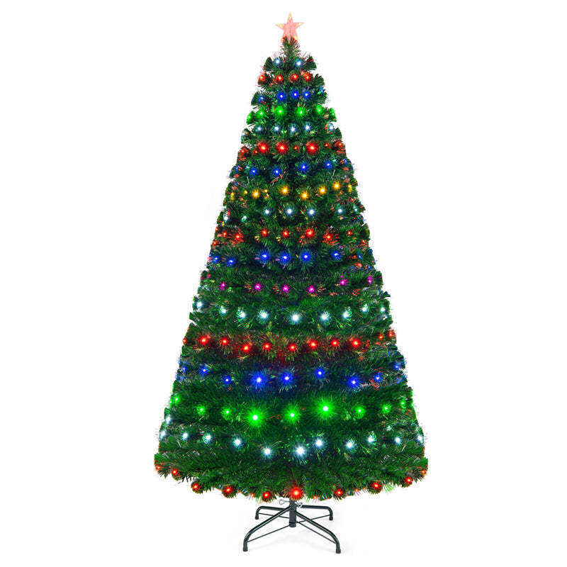 7FT Pre-Lit Fiber Optic Christmas Tree Full Artificial Xmas Tree with Colorful LED Lights, 8 Lighting Modes & Metal Stand