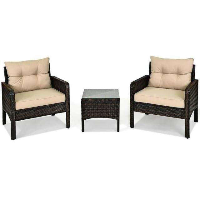 3 Piece Rattan Patio Furniture Set Outdoor Conversation Set Wicker Chairs with Cushions & Glass Top Coffee Table for Garden Lawn Yard