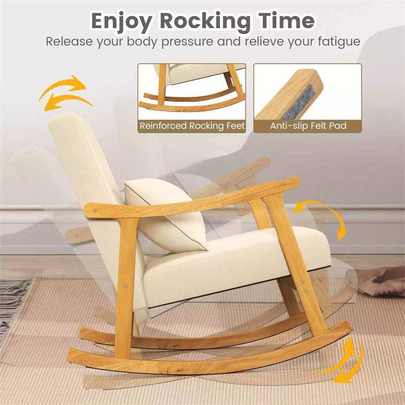 Upholstered Rocking Chair with Rubber Wood Frame, Lumbar Pillow, Padded Seat & Backrest, Modern Rocker for Living Room, Bedroom, Nursery, Office