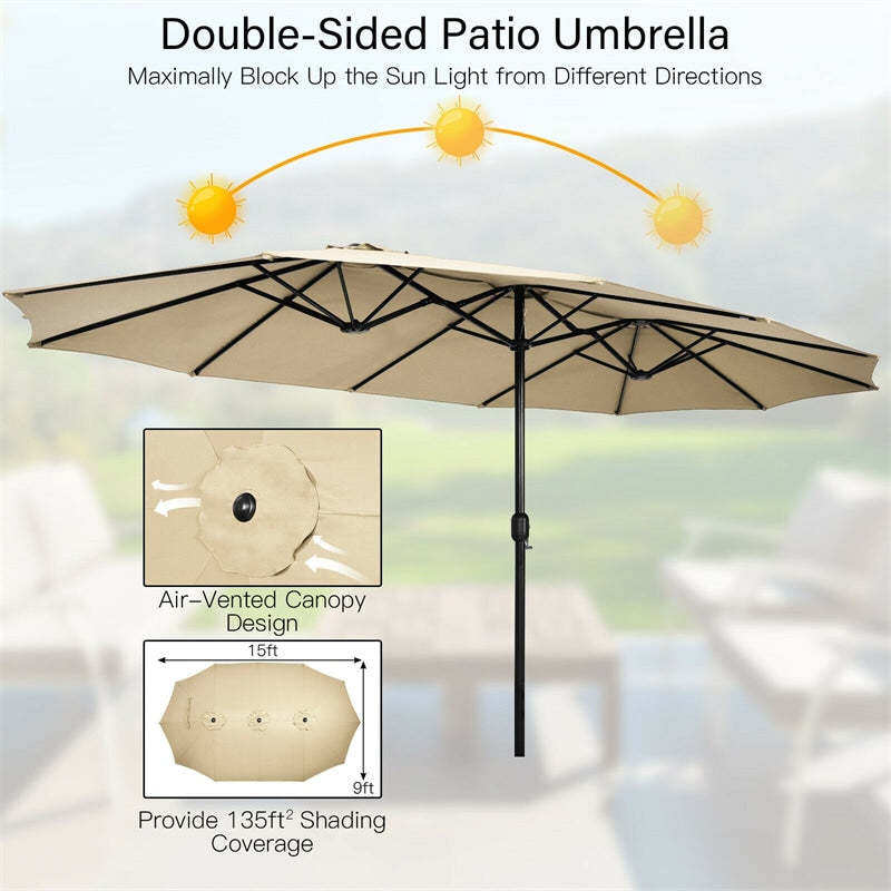 15FT Double-Sided Patio Umbrella with Base, Crank Handle & Air Vent, Extra Large Outdoor Market Umbrella for Poolside, Garden, Backyard