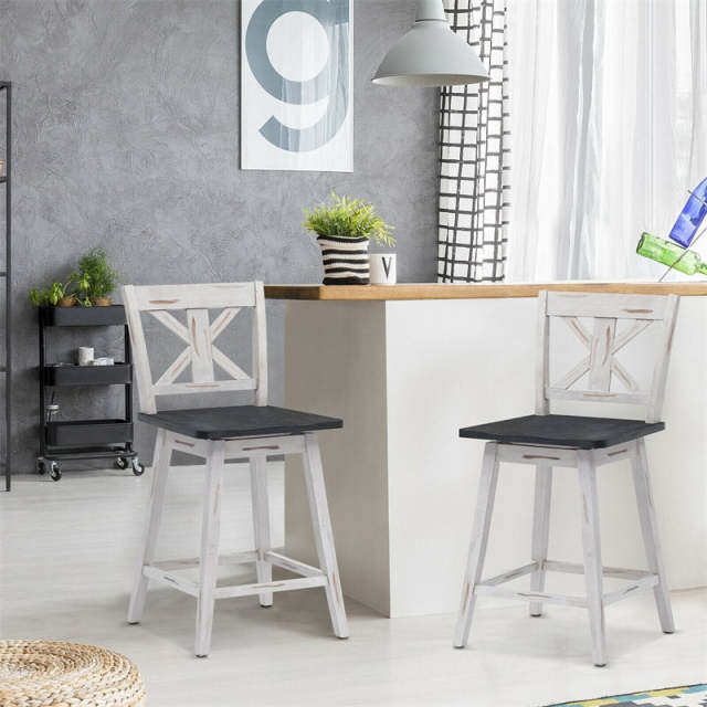 24" Rubber Wood Bar Stools Set of 2, 360° Swivel Counter Height Bar Chairs with Back & Non-Slip Foot Pads for Kitchen Island, Dining Room, Restaurant