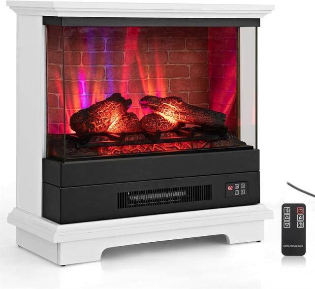 27" Electric Fireplace with Mantel, 3-Sided Glass View Freestanding Heater 1400W with 7 Flame Colors, Remote, 6H Timer & Overheat Protection