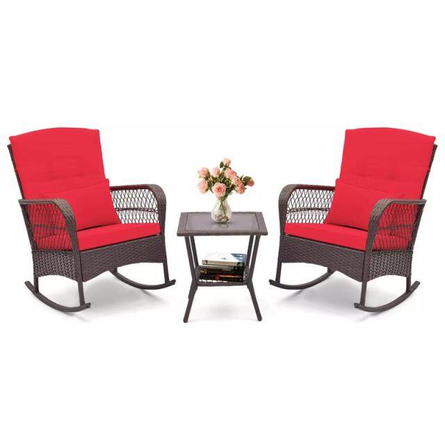 3-Piece Rattan Patio Rocker Set with 2 Rocking Chairs, Tempered Glass Coffee Table & Cushions, Outdoor Bistro Set for Porch, Poolside, Backyard