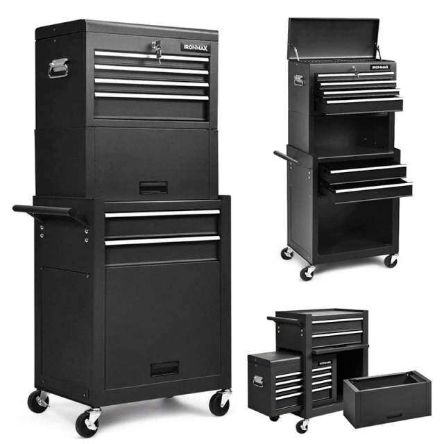 6-Drawer Rolling Tool Chest, 3-in-1 Tool Storage Cabinet with Auto-Lock System, Lockable Wheels & Detachable Top Box for Garage/Workshop