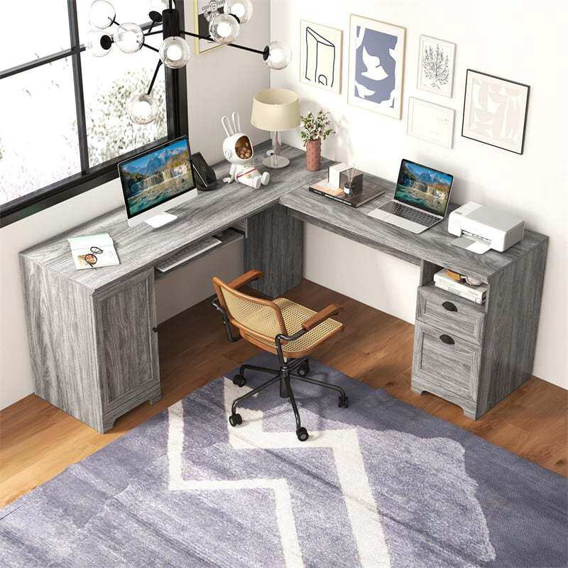 66" L-Shaped Office Desk, Modern Executive Corner Computer Desk with Power Outlets, Storage, Adjustable Shelf, Keyboard Tray for Working Writing