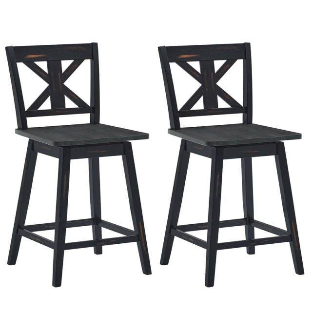 24" Rubber Wood Bar Stools Set of 2, 360° Swivel Counter Height Bar Chairs with Back & Non-Slip Foot Pads for Kitchen Island, Dining Room, Restaurant