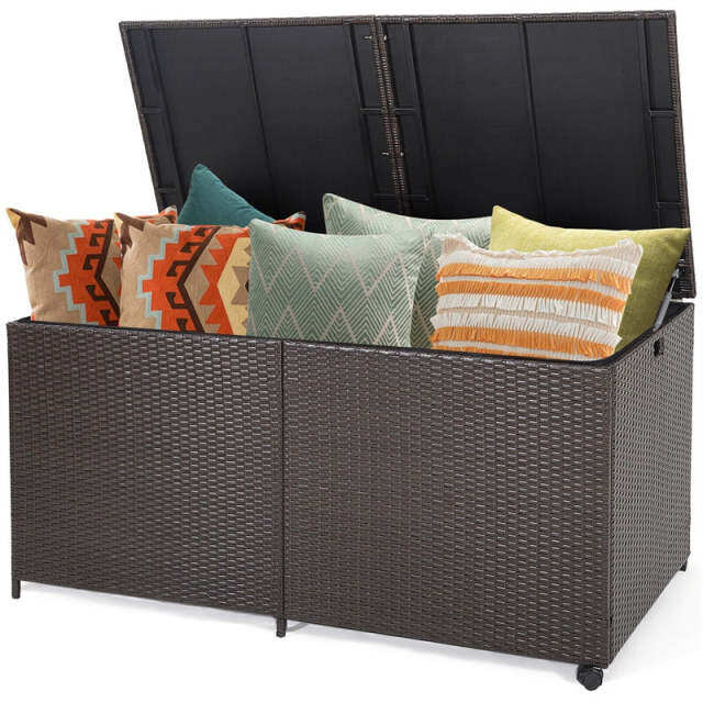 175 Gallon Wicker Rattan Deck Box with 2 Universal Wheels & Waterproof Zippered Liner, Large Outdoor Storage Box for Cushions & Garden Tools