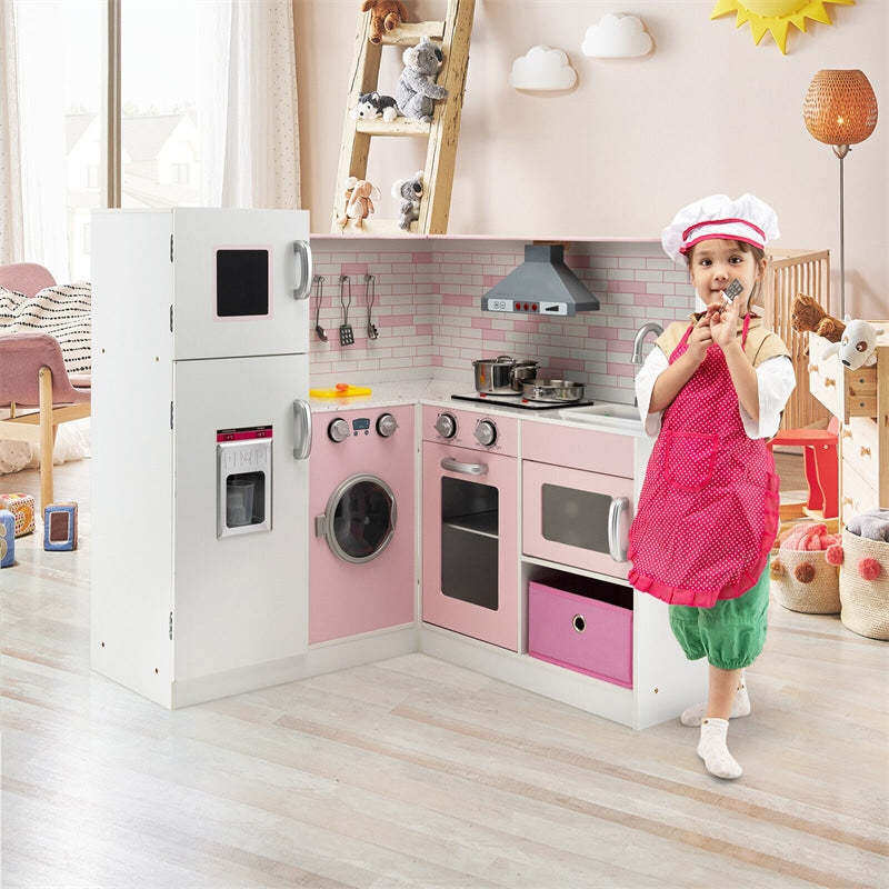 Pink Kids Corner Kitchen Playset, Wooden Pretend Play Kitchen Toy Set with Lights, Washer, Range Hood, Microwave, Oven, Utensils, Apron & Chef Hat