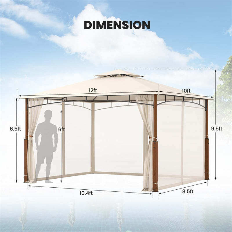12' x 10' Outdoor Patio Gazebo with Netting, 2-Tier Canopy Roof Gazebo Tent Metal Frame Sunshade Shelter for Patio Yard Garden Lawn Deck