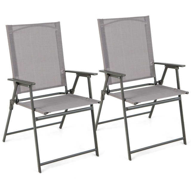 2PCS Outdoor Folding Chairs Weather-Resistant High Back Patio Dining Chairs Metal Frame Portable Chairs with Armrests & Footrest