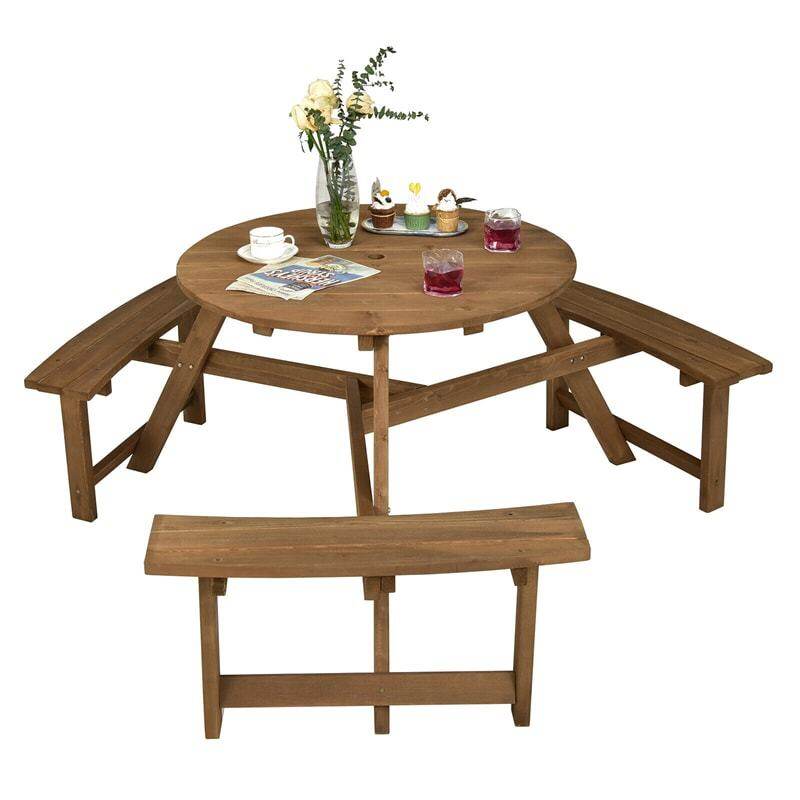 6 Person Wooden Picnic Table Bench Set Round Outdoor Table with 3 Built-in Benches & Umbrella Hole