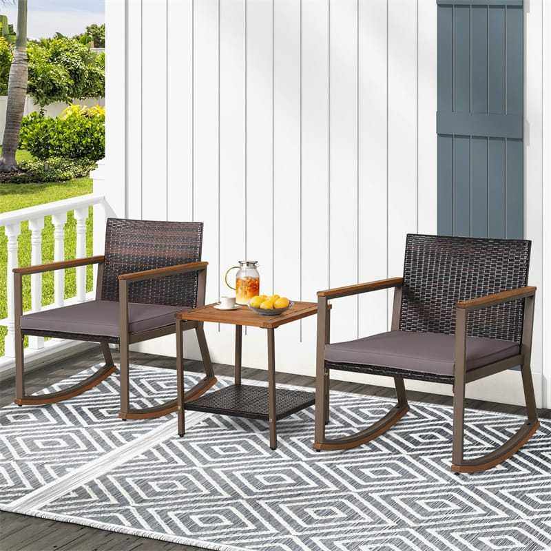 3-Piece Rattan Rocking Bistro Set w/ Cushions, Acacia Wood Top Coffee Table & Storage Shelf, Patio Conversation Set for Balcony, Porch, Poolside