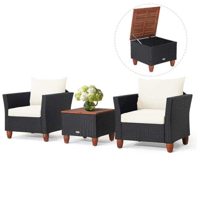3PCS Patio Rattan Furniture Set Cushioned Sofa Chair Storage Coffee Table with Acacia Wood Top, Outdoor Wicker Conversation Set for Garden