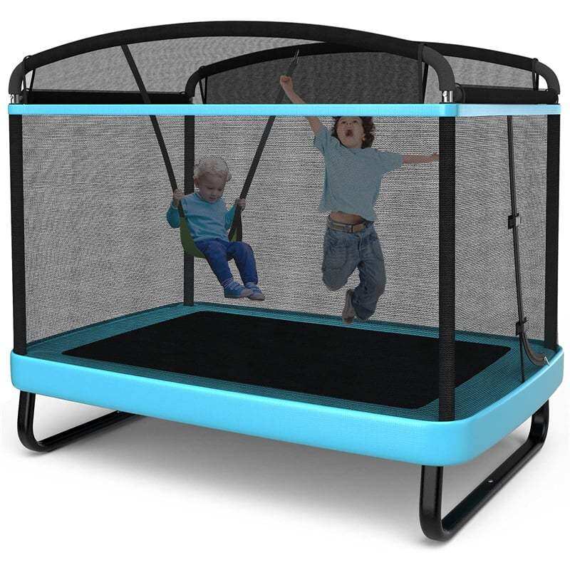 6FT Kids Trampoline with Swing & Safety Enclosure Net, ASTM Approved Indoor Outdoor Rectangle Trampoline for Boys & Girls, 220lbs Capacity