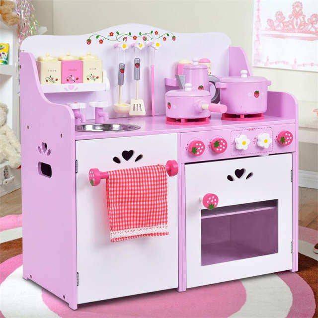 Pink Kids Kitchen Playset Wooden Pretend Play Kitchen Toddler Little Chef Toy Kitchen Set with 13pcs Cokware & Storage Cabinet