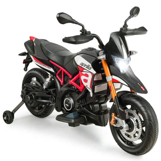 12V Kids Ride-On Motorcycle, Licensed Aprilia Electric Dirt Bike with Training Wheels, LED Lights & Music, Battery Powered Ride-On Car for Ages 3+