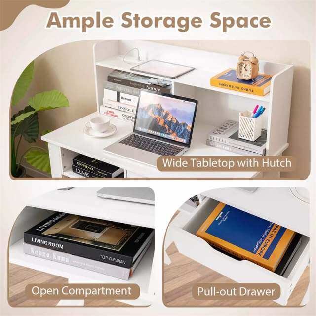 Computer Desk with Hutch, Power Outlets, USB/Type-C Ports, Open Shelf & Drawer, Space-Saving Modern Home Office Writing Desk for Bedroom