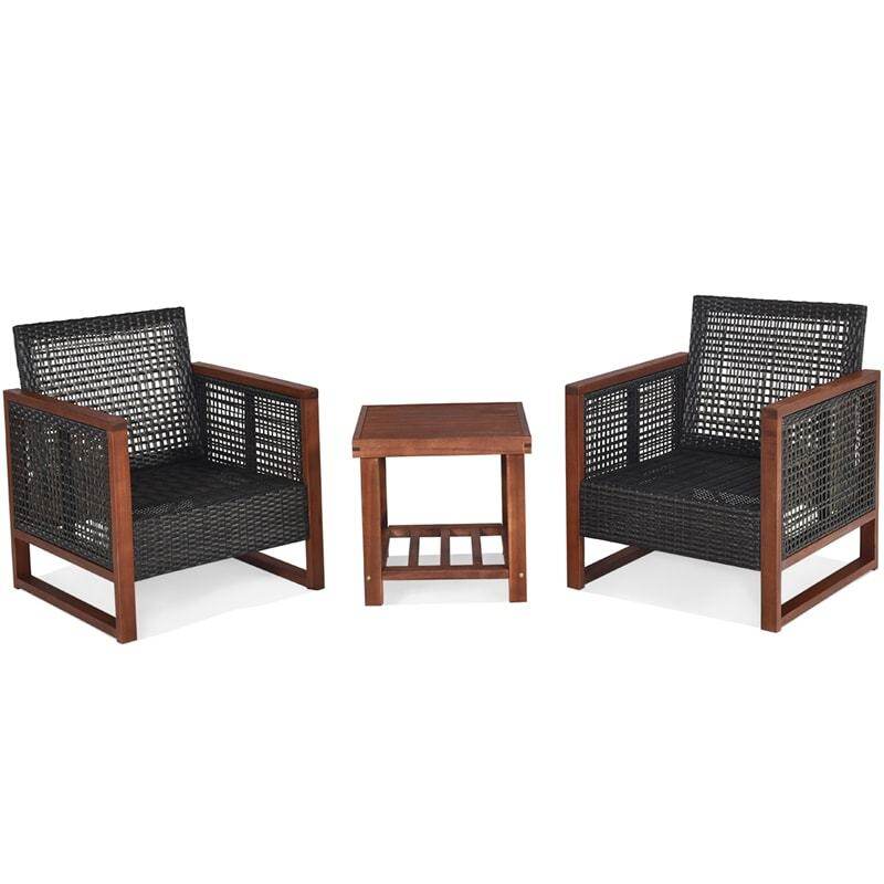 3 Piece Wicker Patio Bistro Set Rattan Conversation Sofa Chair with Acacia Wood Coffee Table & Cushions