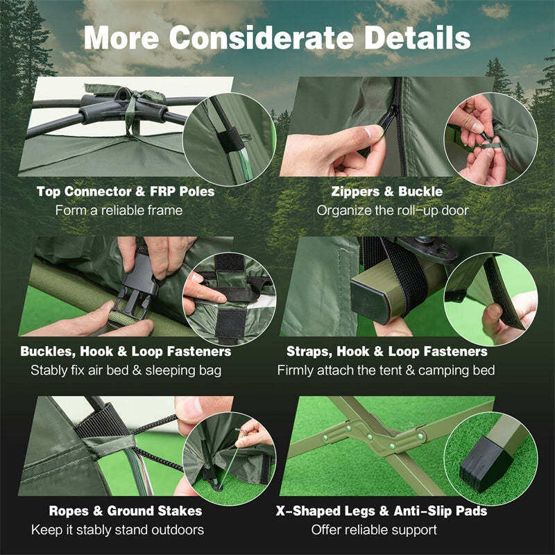 1 Person Folding Camping Tent Cot, 5-in-1 Elevated Off-Ground Tent with Air Mattress, Sleeping Bag, Pillow, Sunshade & Carry Bag for Outdoor Hiking