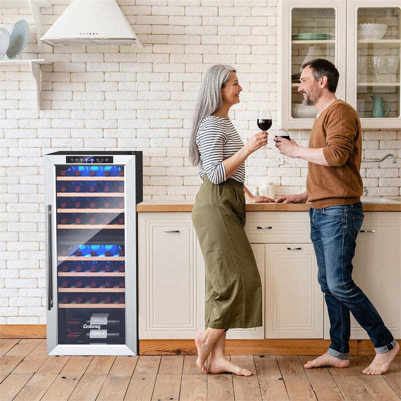 20" Dual Zone Wine Cooler Refrigerator, 43-Bottle Freestanding Built-in Wine Fridge with Temperature Control, Wood Shelves, Glass Door for Home Bars