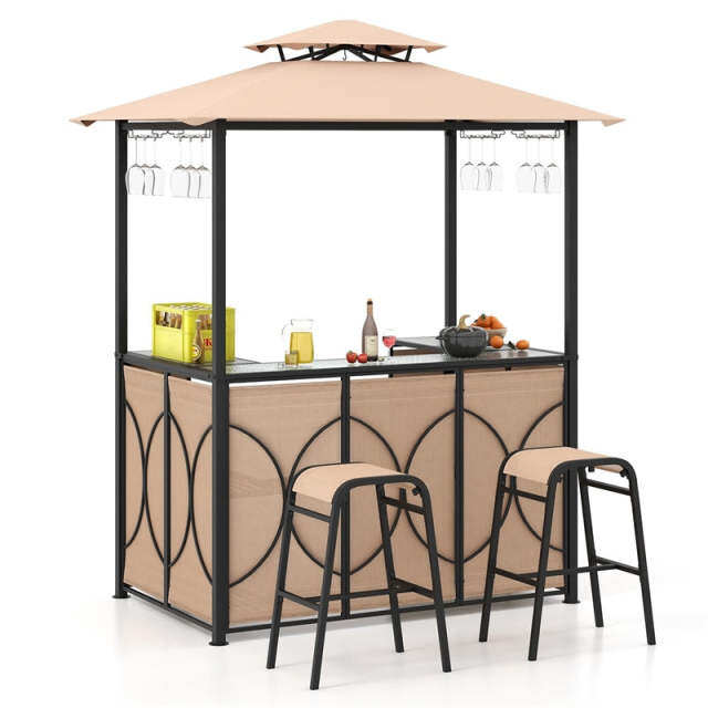 3 Piece Patio Bar Set, Grill Gazebo with 2 Bar Stools, Tempered Glass Bar Table, Double-Tier Canopy, Metal Storage Shelves for Garden, Poolside