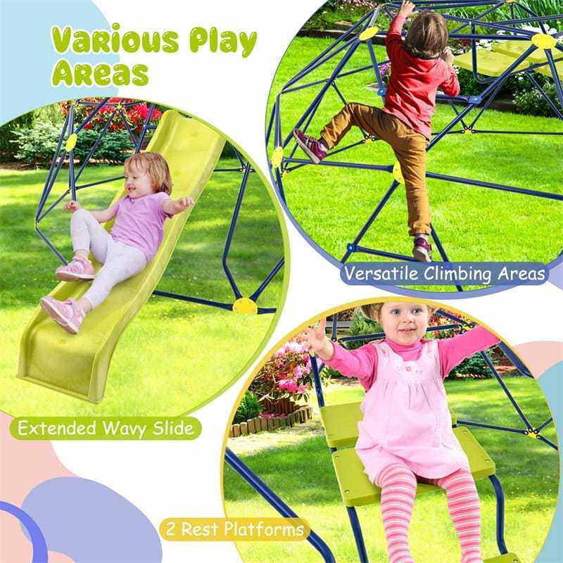 13.3FT Climbing Dome with Extended Wavy Slide, Kids Outdoor Jungle Gym Monkey Bar Geometric Dome Climber Climbing Toys for Toddlers