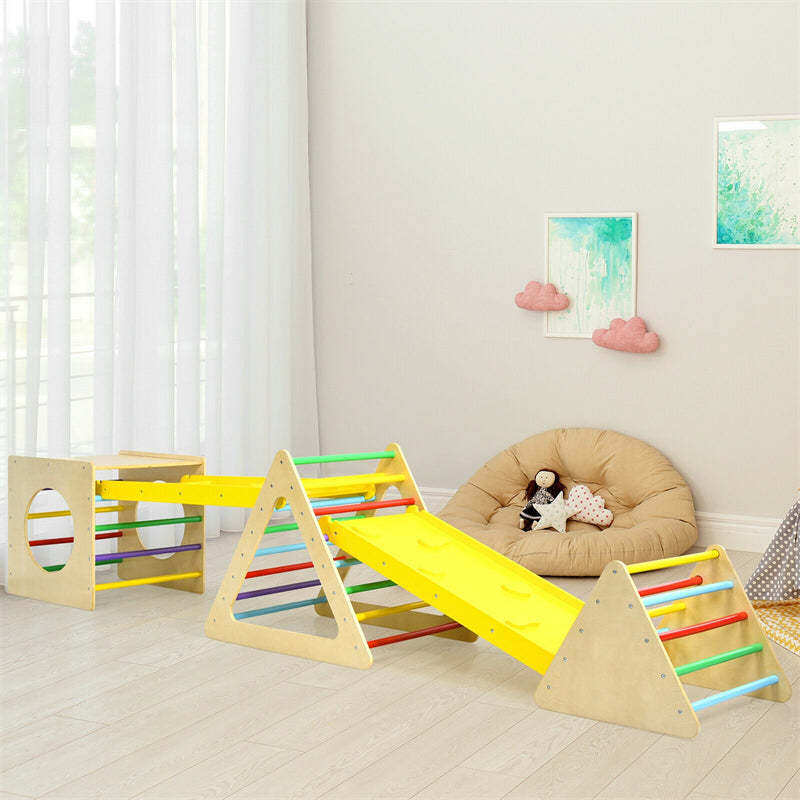 5-in-1 Kids Pikler Triangle Climber Wooden Toddler Climbing Triangle Set with 2 Sliding Ramps & Ladder