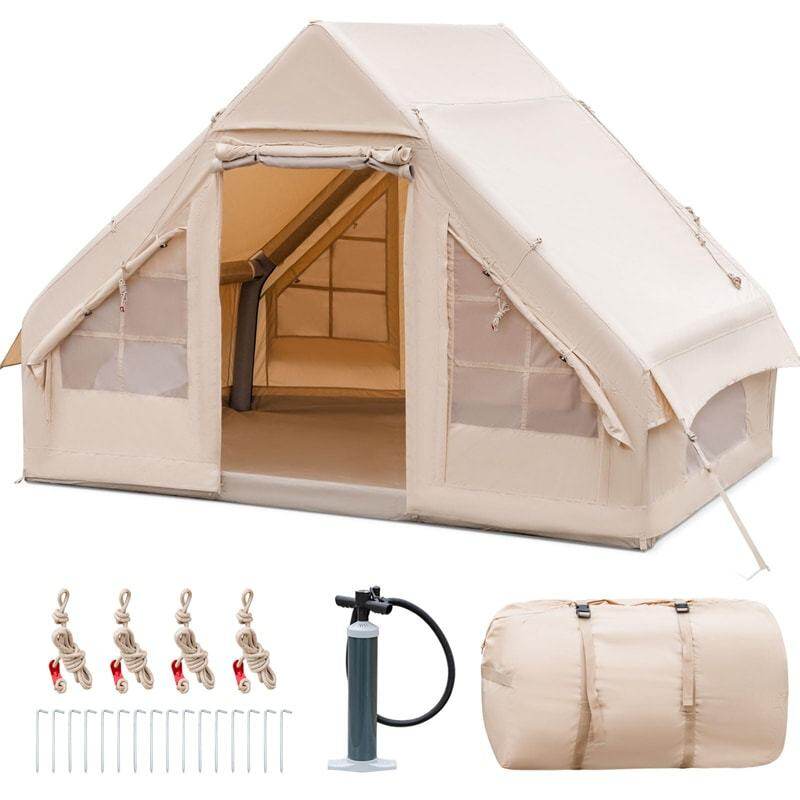 Inflatable Camping Tent 4-6 Person Glamping Tent 4-Season Luxury Canvas Cabin Tent Camping House Tent with Pump & 7 Mesh Windows