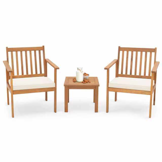 3 Pieces Patio Wood Furniture Set Acacia Wood Chairs & Coffee Table Set with Soft Seat Cushions & Slatted Design for Porch Yard Balcony