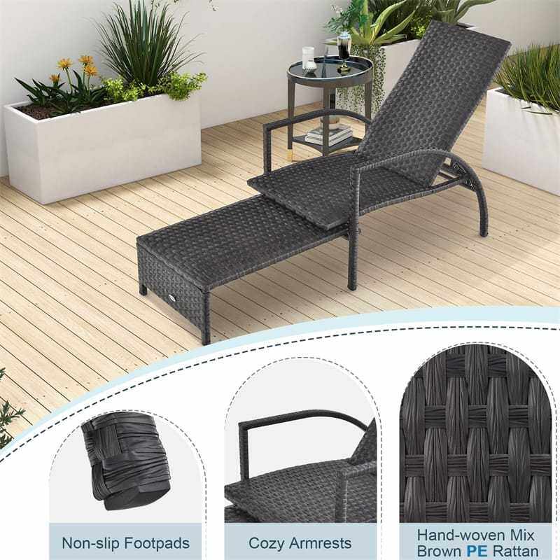 Patio Chaise Lounge Set of 2, Outdoor Rattan Lounge Chairs with Retractable Footrest, 5-Level Adjustable Backrest, Padded Seat, Metal Frame for Yard