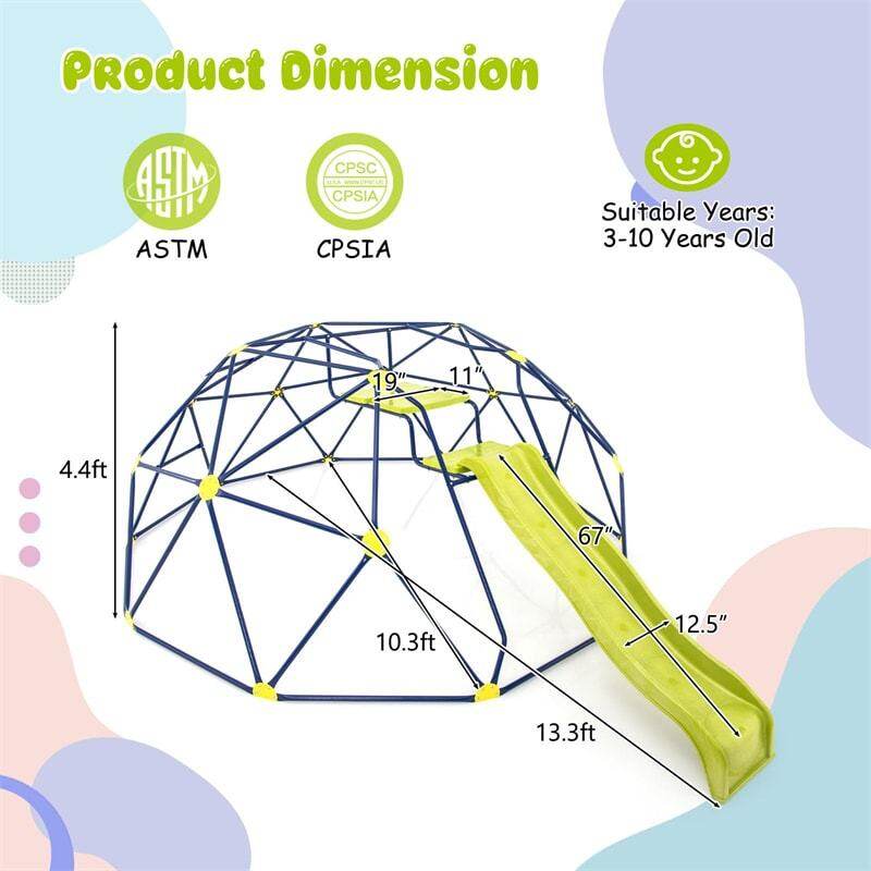 13.3FT Climbing Dome with Extended Wavy Slide, Kids Outdoor Jungle Gym Monkey Bar Geometric Dome Climber Climbing Toys for Toddlers
