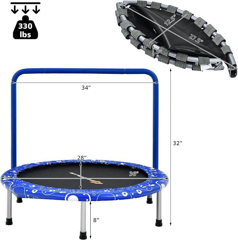 36” Mini Kids Trampoline Foldable Rebounder Trampoline Outdoor Indoor Toddler Fitness Trampoline with Full Covered Handrail & Safety Pad
