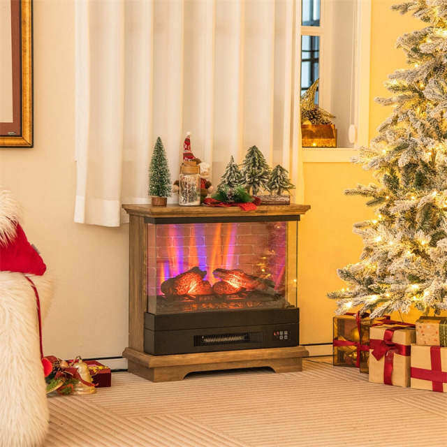 27" Electric Fireplace with Mantel, 3-Sided Glass View Freestanding Heater 1400W with 7 Flame Colors, Remote, 6H Timer & Overheat Protection