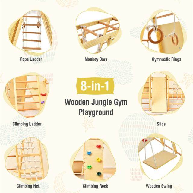 Indoor Jungle Gym for Kids, 8-in-1 Toddler Wooden Montessori Indoor Playground Climber Playset with Slide, Monkey Bars, Climbing Rock & Net
