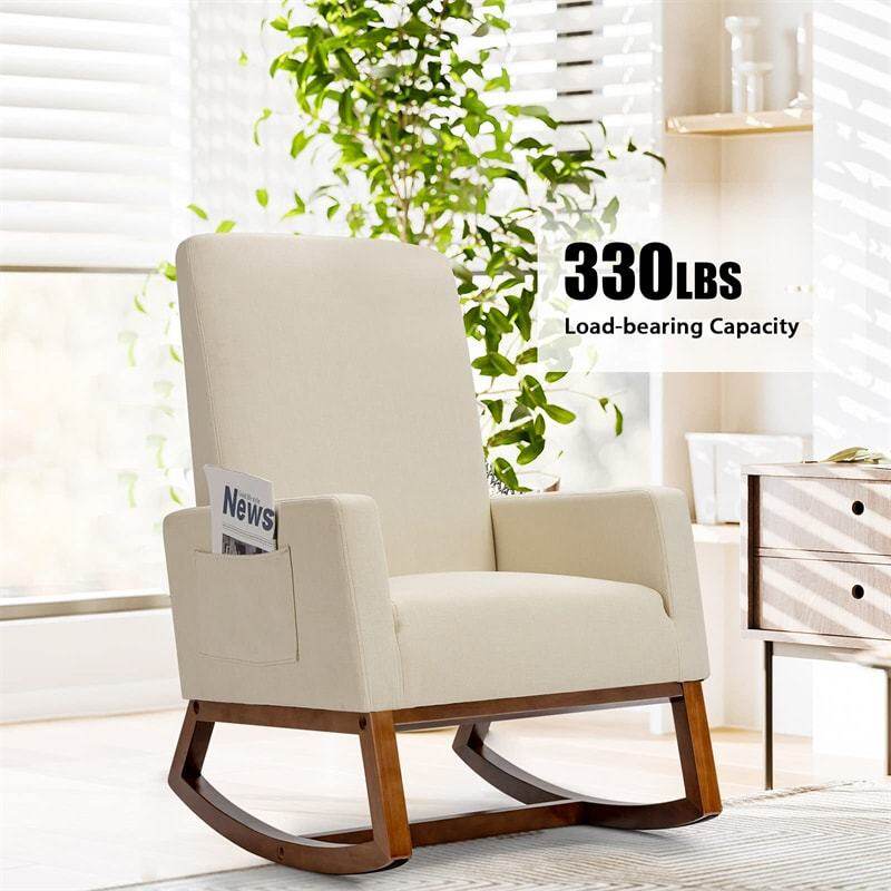 Upholstered Rocking Chair, Mid-Century Modern Fabric Rocker with Wood Base & Side Pocket, High Back Accent Chair for Nursery, Living Room