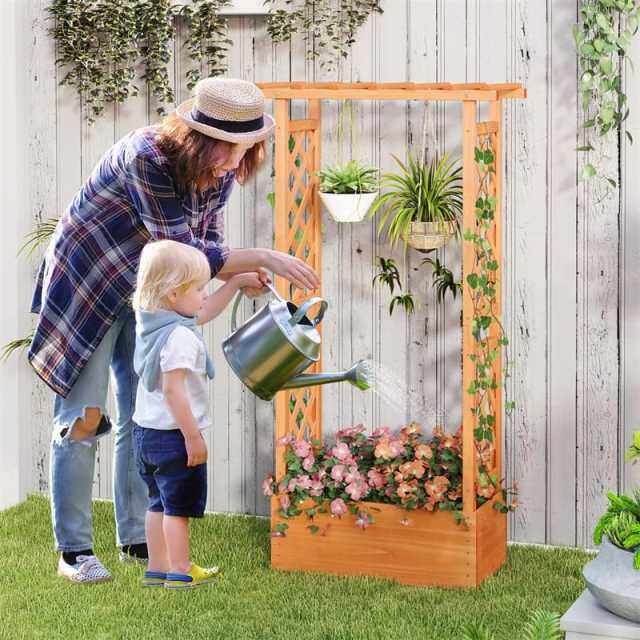 Raised Garden Bed with 2-Sided Trellis, Hanging Roof, Drainage Holes, Indoor/Outdoor Wood Planter Box for Climbing Plants, Vines, Flowers