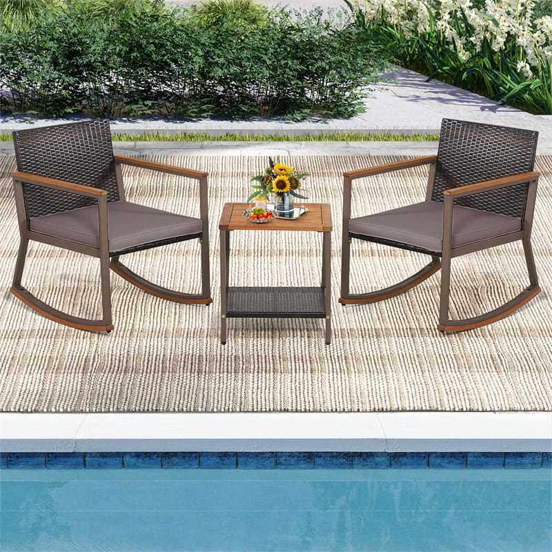 3-Piece Rattan Rocking Bistro Set w/ Cushions, Acacia Wood Top Coffee Table & Storage Shelf, Patio Conversation Set for Balcony, Porch, Poolside