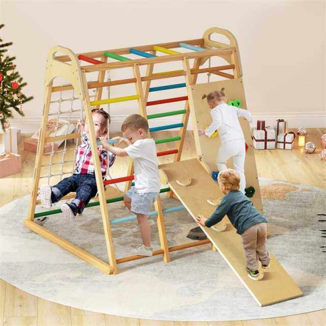 8-in-1 Kids Indoor Jungle Gym, Wooden Montessori Playground Climbing Playset with Slide, Swing, Monkey Bars, Rope Ladder for Boys & Girls