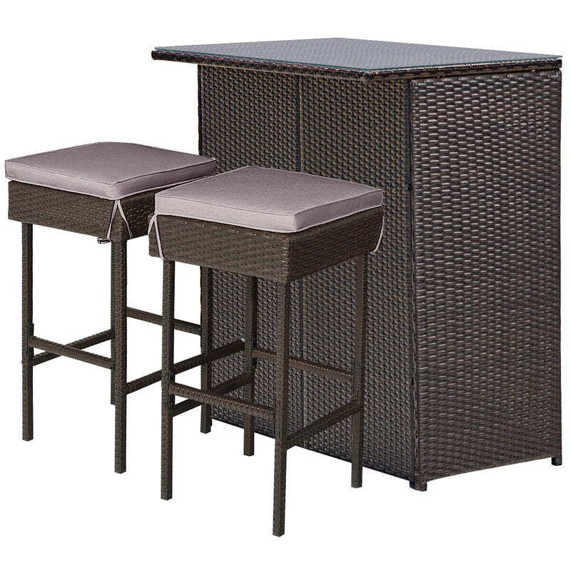 3 Piece Rattan Patio Bar Set Outdoor Wicker Bar Table & Stools Set with 2 Set of Cushion Cover