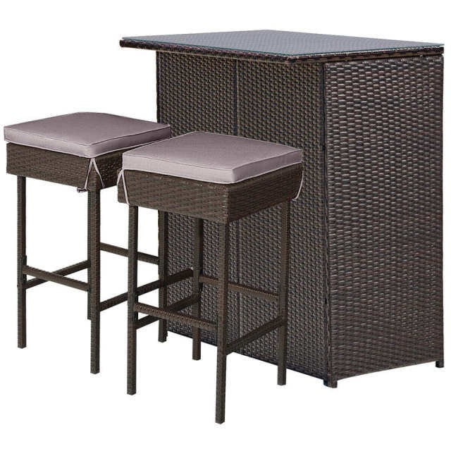 3 Piece Rattan Patio Bar Set Outdoor Wicker Bar Table & Stools Set with 2 Set of Cushion Cover