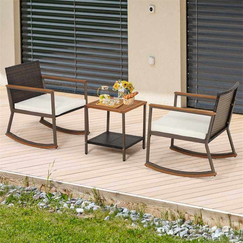 3-Piece Rattan Rocking Bistro Set w/ Cushions, Acacia Wood Top Coffee Table & Storage Shelf, Patio Conversation Set for Balcony, Porch, Poolside