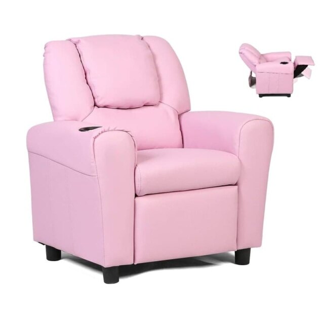 Kids Recliner Chair with Cup Holder, Armrests & Retractable Footrest, Children PU Leather Sofa Armchair, Ergonomic Toddler Room Furniture