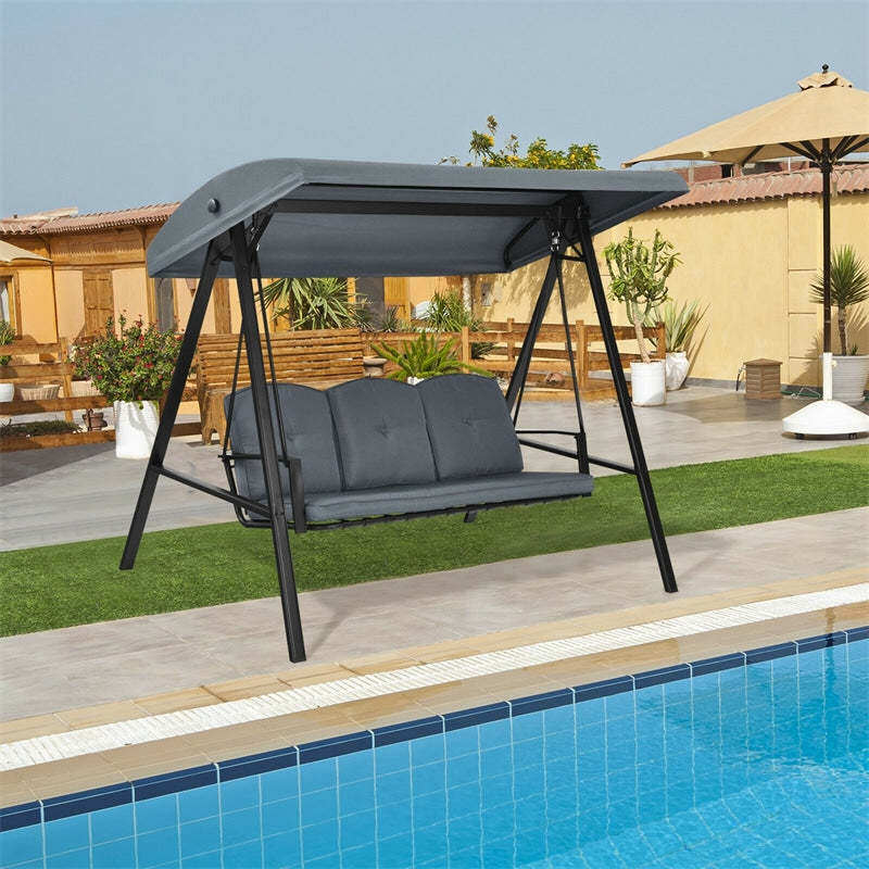 Outdoor 3-Person Patio Swing with Adjustable Canopy & Removable Cushions, All-Weather Steel Frame Porch Swing for Garden, Poolside, Backyard