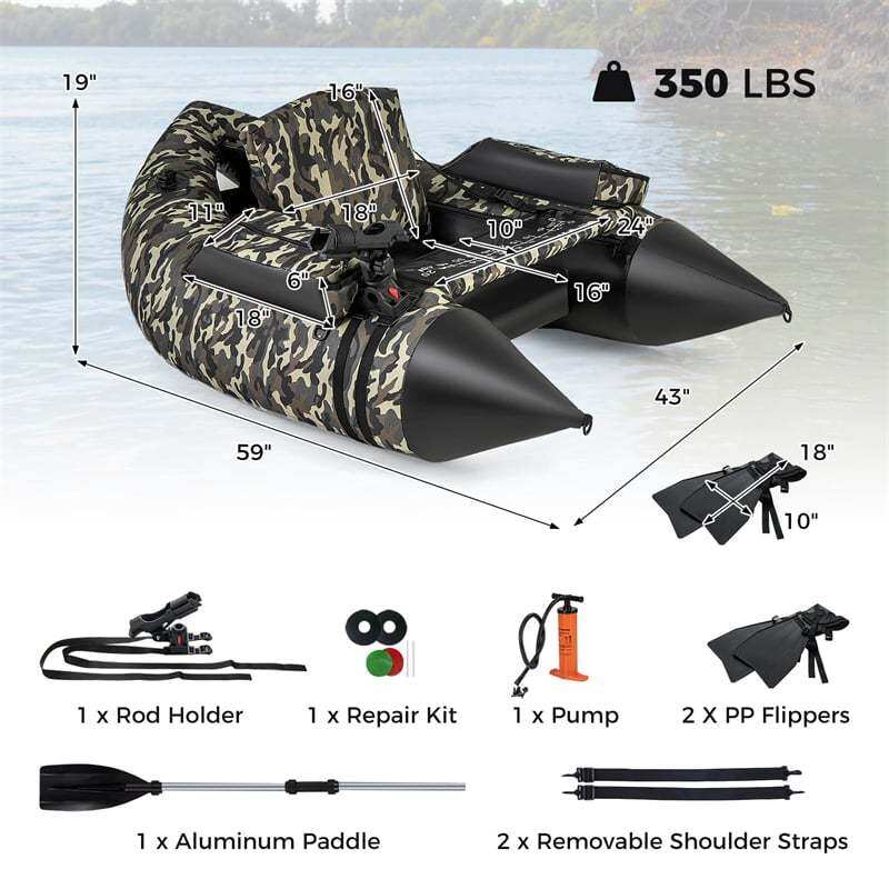 Inflatable Fishing Float Tube 350LBS Capacity Belly Boat with Flippers, Fish Ruler, Rod Holder, Pump, Storage Bag, Adjustable Backrest & Straps