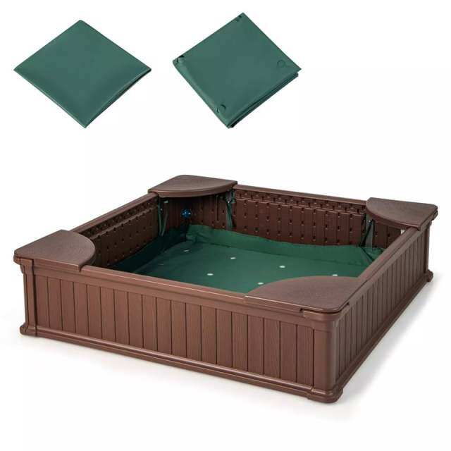 4FT Kids Sandbox, Weather Resistant HDPE Square Sand Pit with Oxford Cover & Bottom Liner for Outdoor Backyard, Lawn, Garden & Beach Play